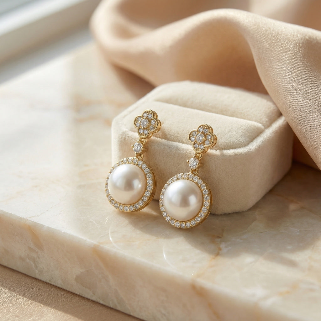 925 Sterling Silver Radiant Pearl Drop Earrings with Diamond Halos and Elegant Clover Studs