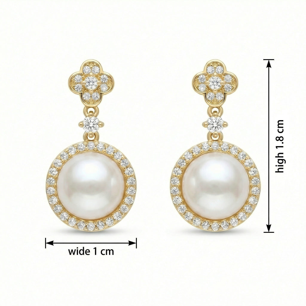 925 Sterling Silver Radiant Pearl Drop Earrings with Diamond Halos and Elegant Clover Studs