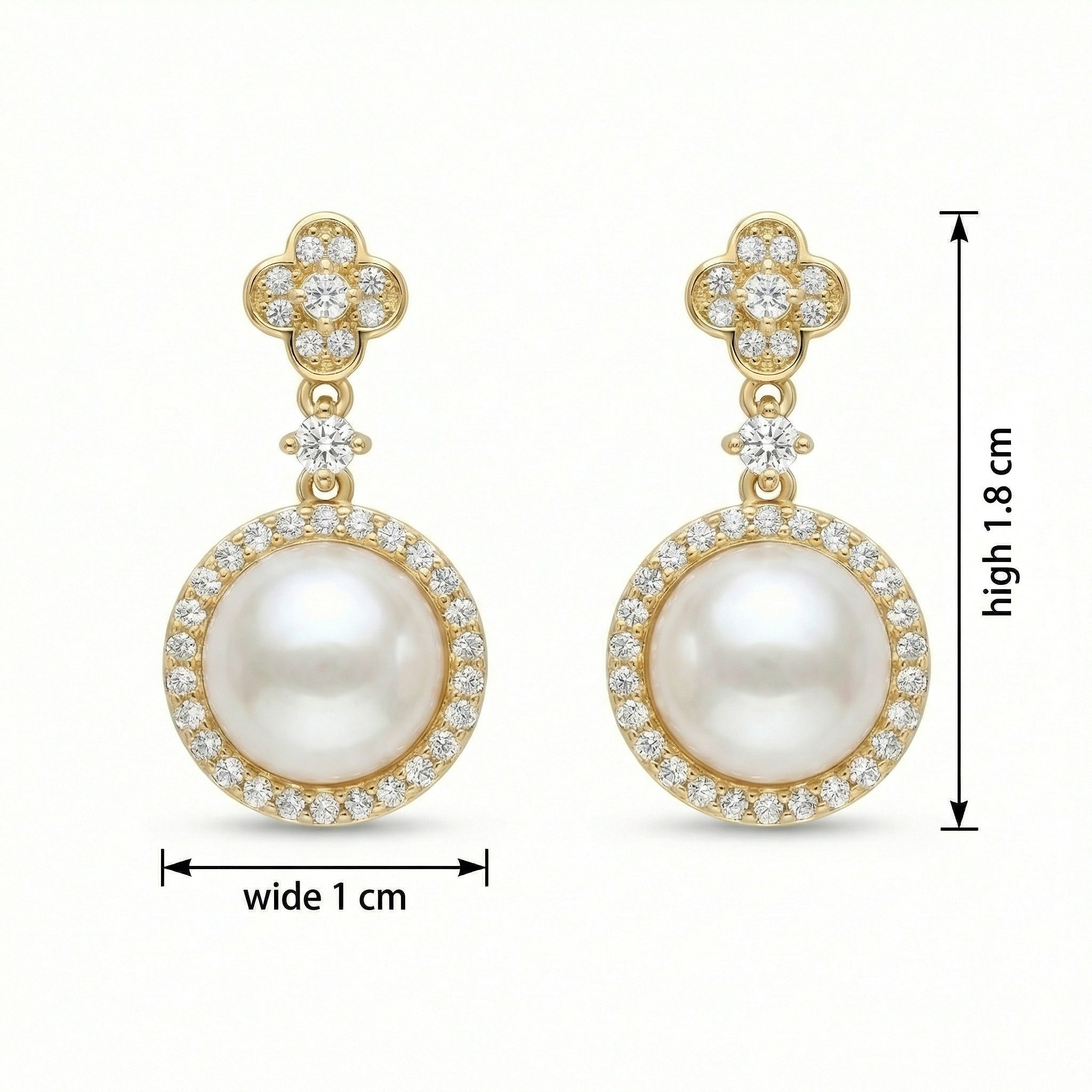 925 Sterling Silver Radiant Pearl Drop Earrings with Diamond Halos and Elegant Clover Studs