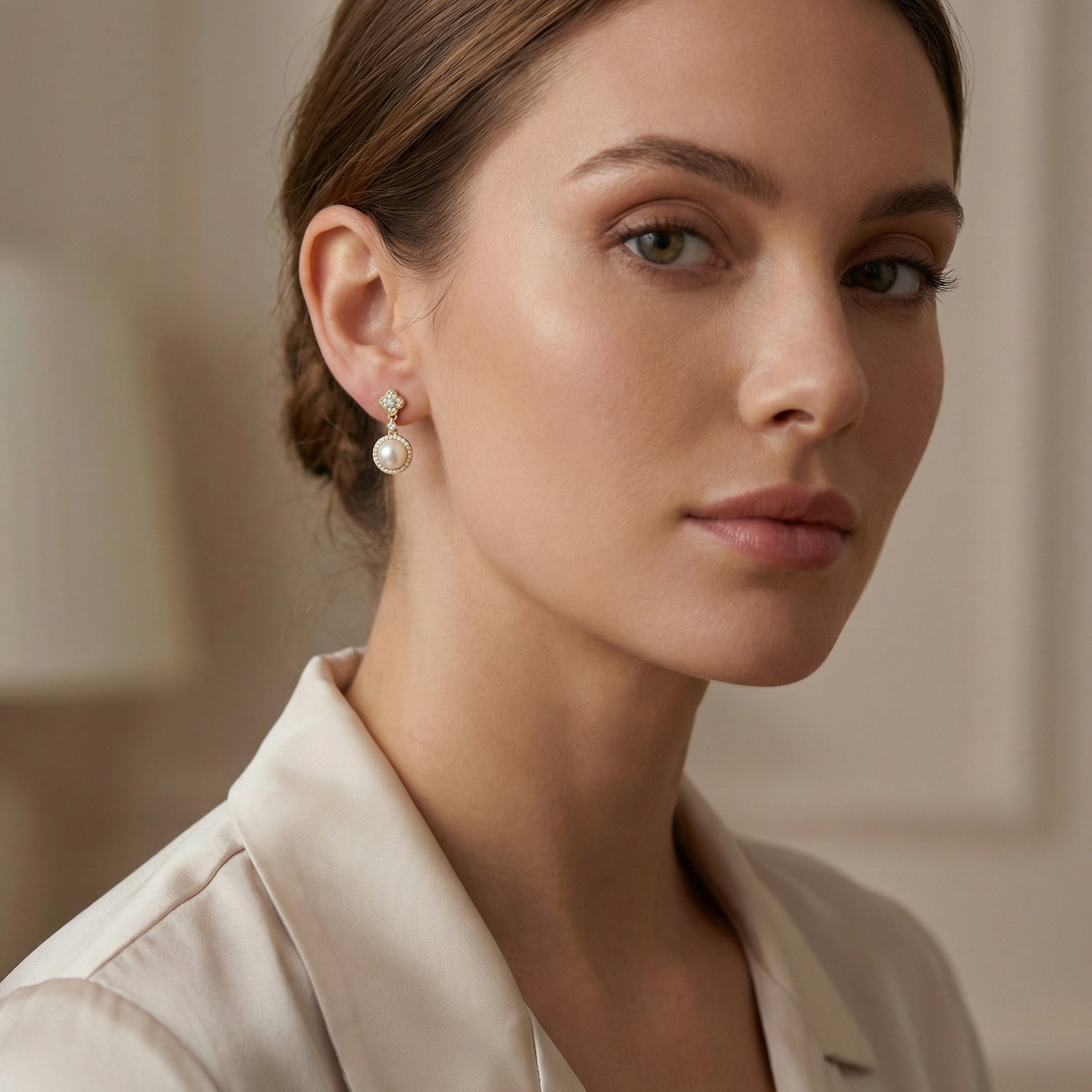 925 Sterling Silver Radiant Pearl Drop Earrings with Diamond Halos and Elegant Clover Studs