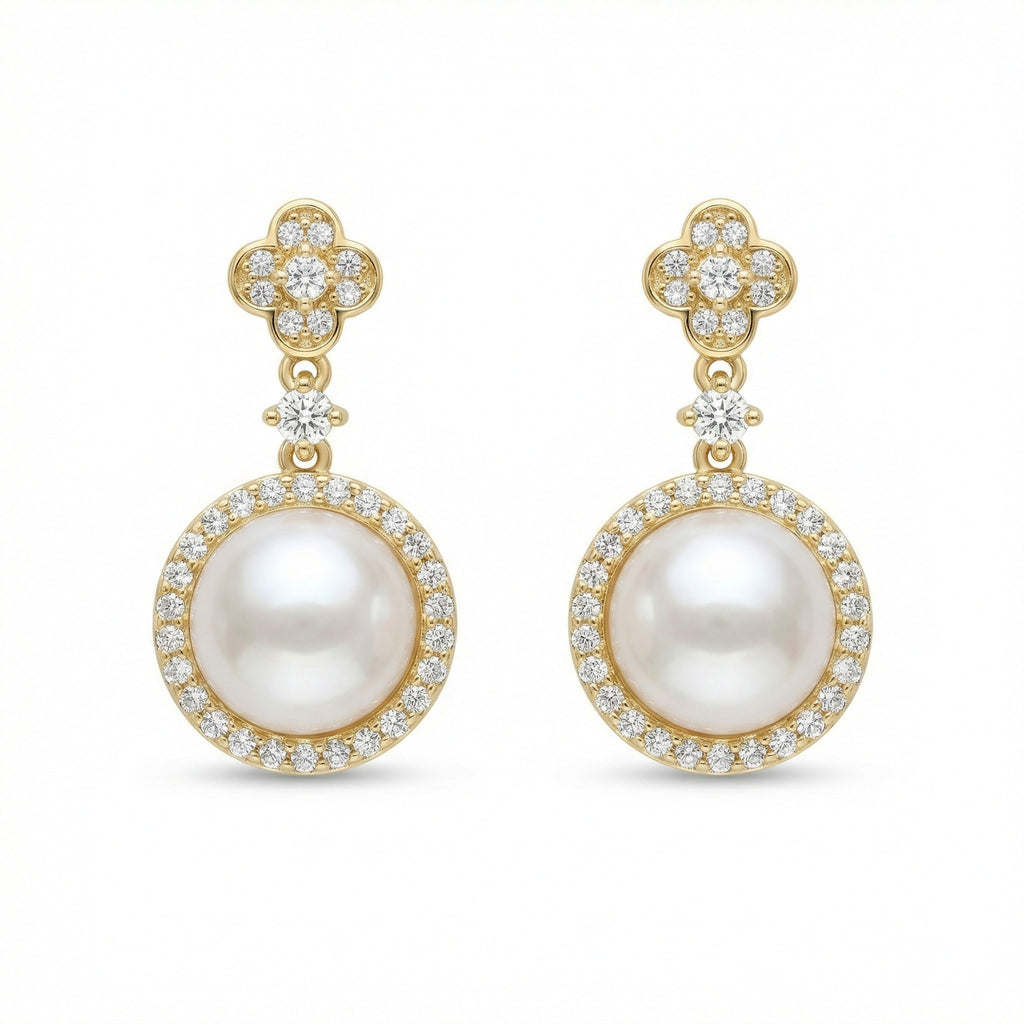 925 Sterling Silver Radiant Pearl Drop Earrings with Diamond Halos and Elegant Clover Studs