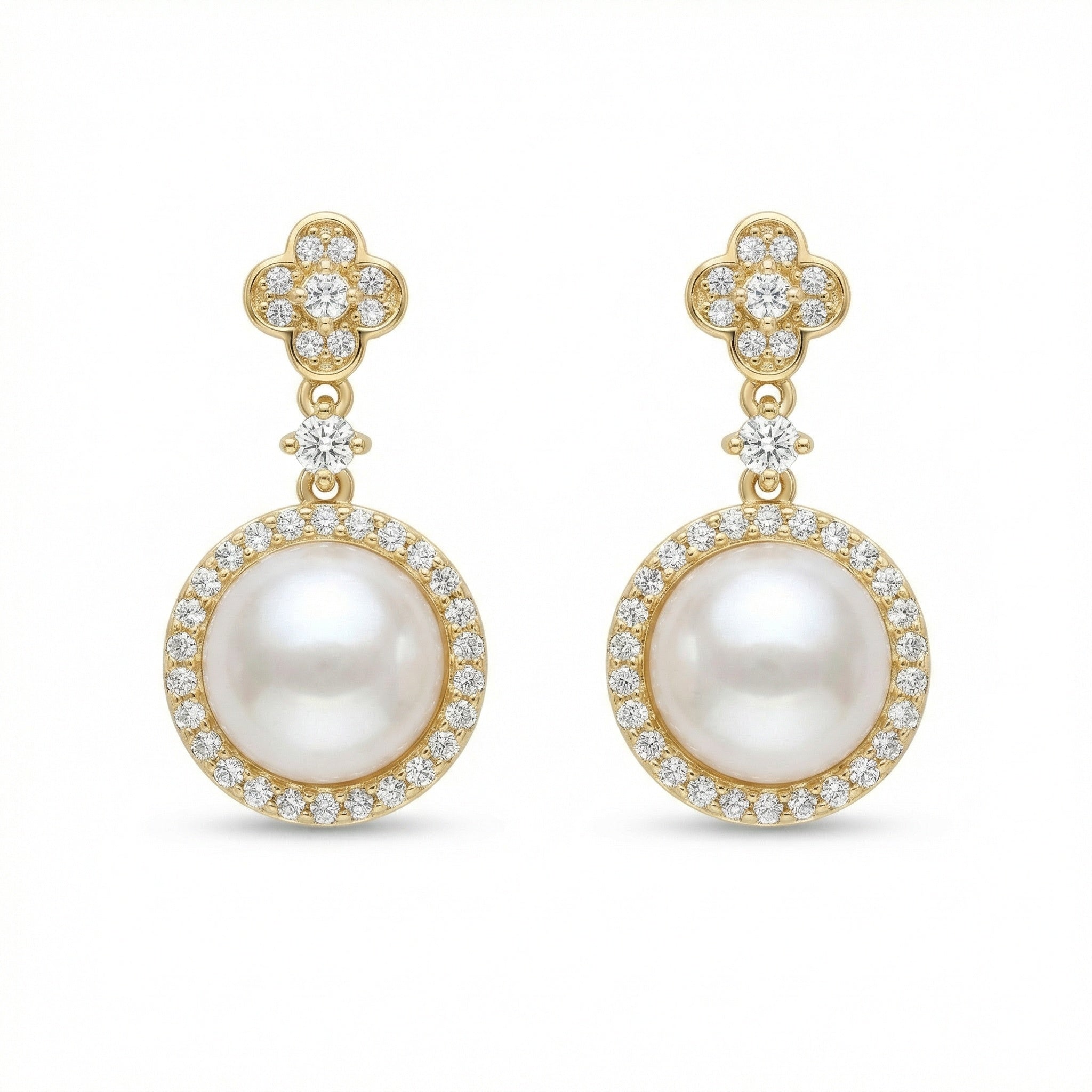 925 Sterling Silver Radiant Pearl Drop Earrings with Diamond Halos and Elegant Clover Studs